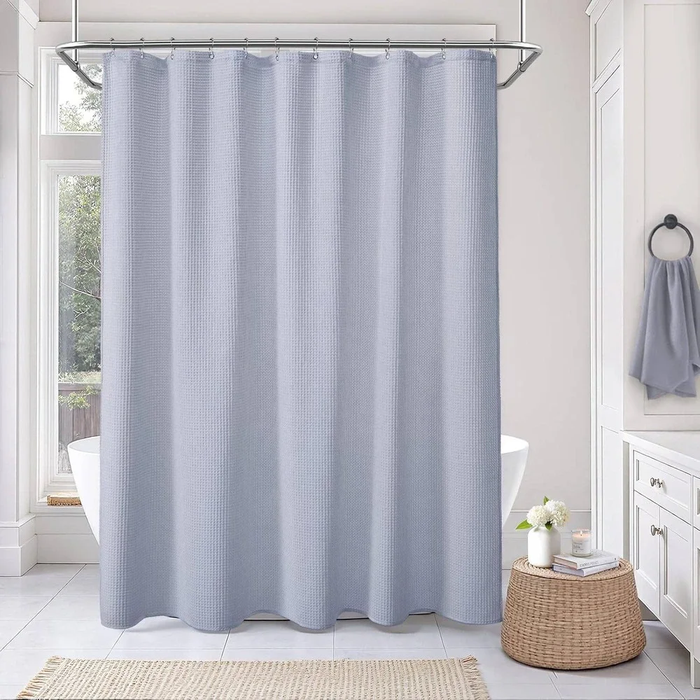 XOGUIBO Waffle Weave Shower Curtain Light Blue Cotton Blend Matte Spa Style